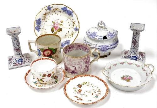 A group of 19thC and later pottery and porcelain, including a pair of Outeiro Portuguese pottery candlesticks, a 19thC stoneware tanker, transfer decorated in purple with Chinoiserie reserves, and a further tankard decorated with convolvulus. (a quantity,