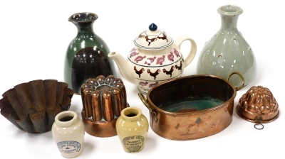 A group of pottery and kitchenalia, including a John Jelfs celadon glazed vase, Manchester Dairy and Creamery pottery stoneware cream jars, and an Emma Bridgewater teapot printed with bands of birds. (a quantity)