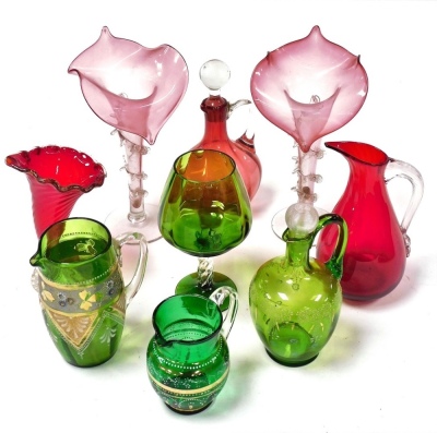 Victorian and later coloured glassware, including a pair of cranberry glass Jack in the Pulpit vases, gilt and enamelled jug decorated with a band of flowers and a ruby glass cornucopia vase. (a quantity)