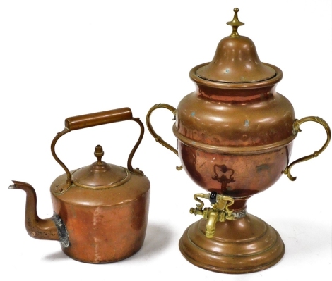 A Victorian copper tea urn, with brass handles and tap, of baluster form, 43.5cm high, together with a copper kettle. (2)