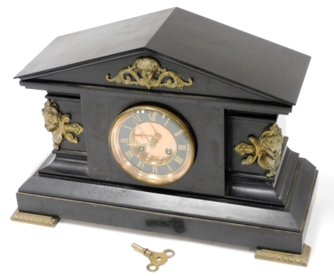 A French late 19thC slate mantel clock, circular copper dial with black chapter ring bearing Roman numerals, eight day movement by Japy Freres et Cie, with coin strike, the case of architectural temple form, with mask mounts, with pendulum and key, 28cm h