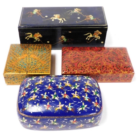 Four Indian lacquer boxes, two decorated with Indian polo players, 24cm x 10cm and 18cm x 12cm, another red with gilt flowers, 17.5cm x 10cm, the fourth with exotic birds and flowers, 11cm x 11cm.