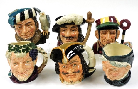 Six Royal Doulton character jugs, Granny, Jockey, Captain Henry Morgan, The Falconer, Porthos, and Bacchus.