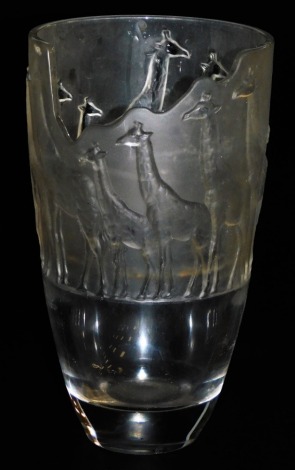 A Nachtmann cut and frosted glass vase, relief decorated with a tower of giraffes, etched mark, 26cm high.