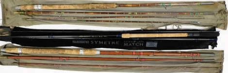 A Jim Knight three piece split cane float fishing rod "The Bletsoe", a Daiwa graphite Phantom Match two piece carp rod, and a Jim Knight of Rushton The Grande three piece split cane fishing rod. (3)