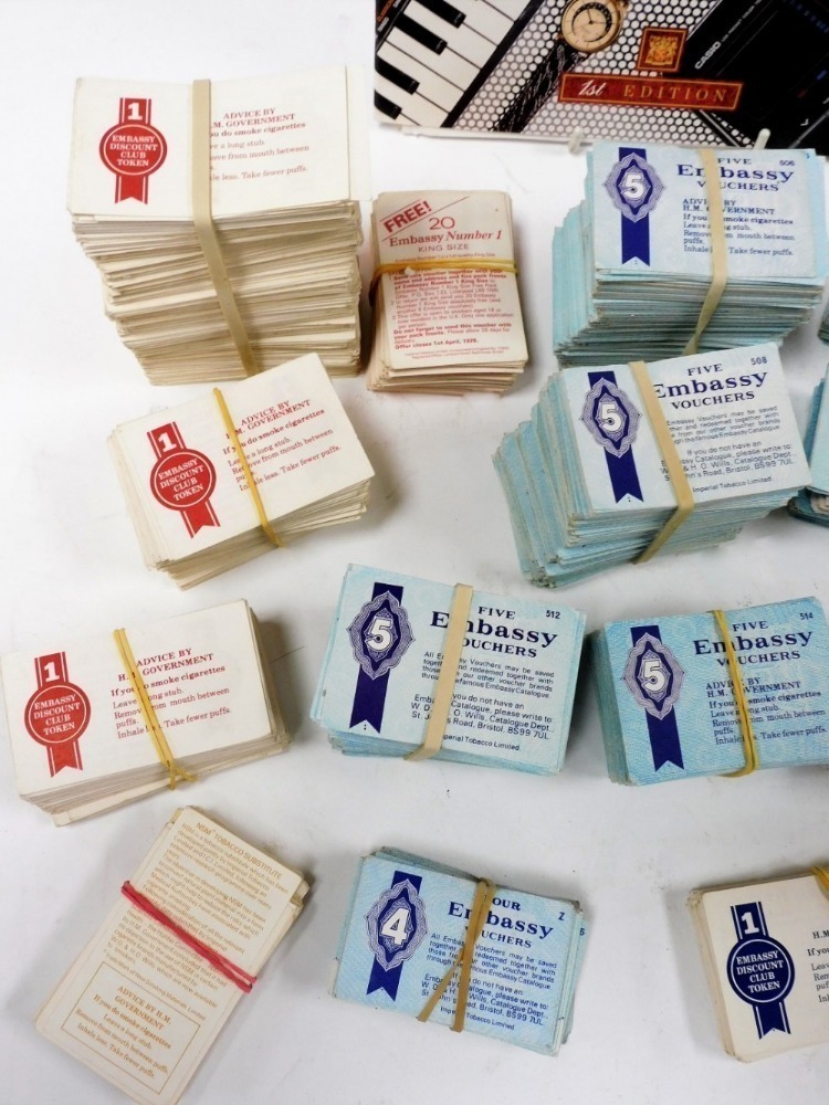embassy cigarette catalogue Embassy Discount Club vouchers, various colours and denominations, together  with a Discount Club price list for January 1977, Embassy Focus Collection  catalogues