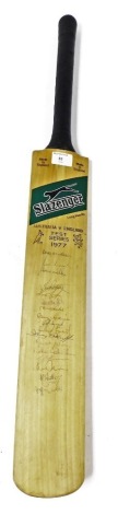 An Australia v England Test Series cricket bat 1977, by Slazenger, signed by Greg Chappell, Doug Walters, Len Pascoe, Kim Hughes, Ray Bright, David Hookes, Gary Cosier, Geoff Dymock, Craig Sergeant, Kerry O'Keeffe, Mick Malone, Richie Robinson, Geoff Thom