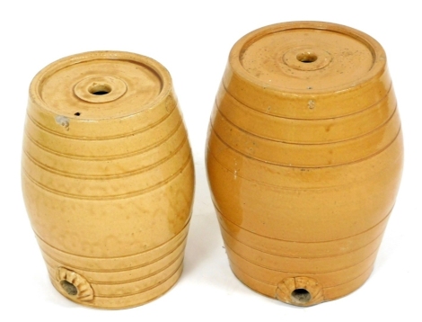 Two Victorian Price Bristol stoneware spirit barrels, honey glazed, impressed marks, 37cm and 34cm high.