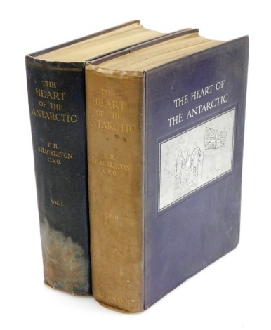 Shackleton (E.H.). The Heart of The Antarctic: Being The Story of The British Antarctic Expedition 1907-1909, volumes one and two, first edition, with black and white illustrations and folding maps, blue cloth bound with gilt and silvered tooling, publish