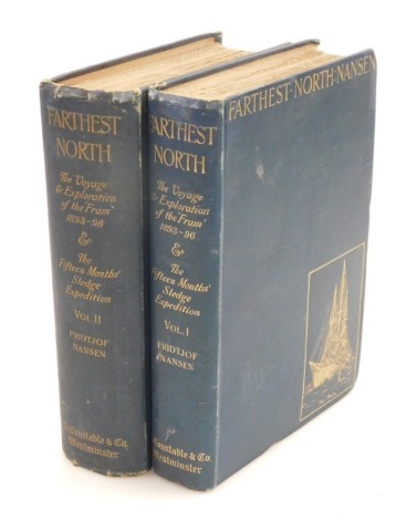 Nansen (Fridtjof, Dr). Farthest North: The Voyage of Exploration of the 'Fram' 1893-96 and the Fifteen Months' Sledge Expedition, volumes 1 and 2, first edition, with black and white illustrations and folding maps, green canvas bound with gilt tooling, pu