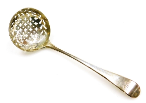 A George III silver sifter spoon, the plain handle with a H monogram and a pierced bowl, Smith & Fearn, 1oz, 15.5cm long.