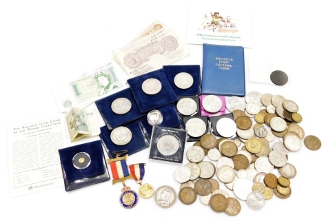 A group of chiefly nickel silver coins, some bank notes to include purple and red ten shilling notes, pound notes, decimal coin sets, Westminster Mint 1 Gramme Coronation coin, crowns to include a Victoria 1890 crown, Royal Coronation medals, etc. (a quan