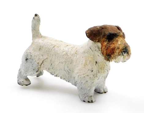 A 20thC cold painted bronze model of a terrier, possibly previously mounted, 8cm wide.