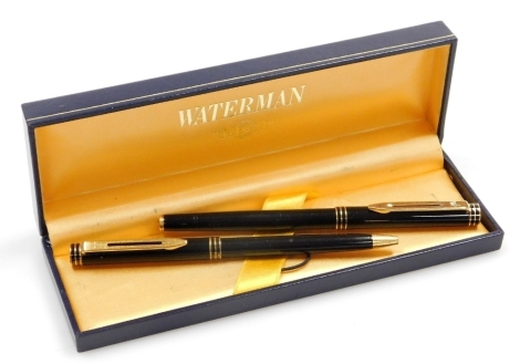 A Waterman 'Ideal' Paris fountain pen, in black with an 18k nib, and a matching ballpoint pen, boxed.