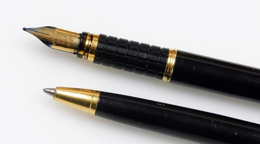 A Waterman 'Ideal' Paris fountain pen, in black with an 18k nib, and a  matching ballpoint pen, boxed.