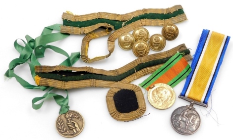 A group of military related and other items, five Naval brass buttons, a 1914-1916 British War Medal, named for Private J.E. Taylor, Lincolnshire regiment, 27493, partial Defence medal ribbon, a George V brassed Grimsby Mayor medal awarded to J. Whiteley 