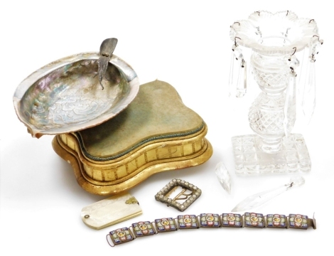 A Victorian cut glass table lustre, with seven droplets on a rectangular base, (AF), 15cm high, a mother of pearl aide memoire, 5.5cm wide, a micro mosaic link bracelet, 19.5cm long, a 19thC paste stone set shoe buckle, a shell pen stand and a 19thC gilt 