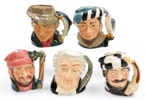 Five Royal Doulton character jugs, comprising The Poacher D6464, The Falconer D6540, The Lumberjack D6613, The Trapper D6612, and The Lawyer D6504, ranging from 9.5cm to 10.2cm.