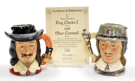 Two Royal Doulton character jugs, King Charles I D6985, and Oliver Cromwell D6986, with certificate, 10.5cm and 10.8cm respectively.