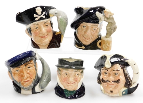 Five Royal Doulton character jugs, comprising Tam O'Shantar D636, Long John Silver D6386, Captain Ahab D6506, Captain Cuttle and Captain Henry Morgan D6469, ranging between 8.5 and 10.2cm.