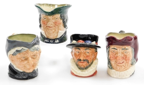 Four Royal Doulton character jugs, Parson Brown, Simon The Cellarer, Granny D6384, and Beefeaters, ranging from 8cm to 8.4cm.