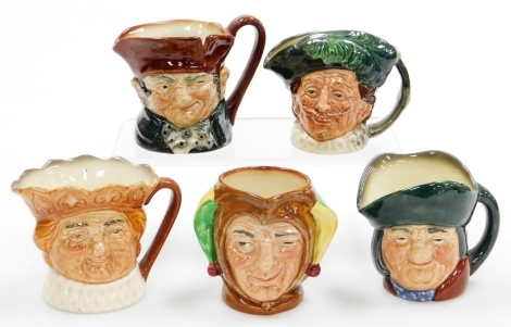 Five Royal Doulton character jugs, all with back stamp A, ranging from 7.5cm to 8.2cm.