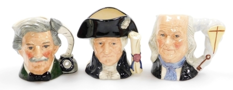 Three Royal Doulton character jugs, comprising George Washington D6824, Mark Twain D6694, and Benjamin Franklin D6695, 10cm, 9.8cm and 9.8cm respectively.