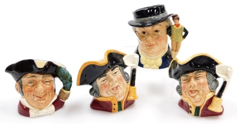 Four Royal Doulton character jugs, comprising Mine Host D6470, Town Crier D6537 x2, and Mr Pickwick D7025, ranging from 9cm to 10cm.