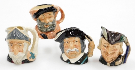 Four Royal Doulton character jugs, comprising Falstaff D6385, Donquixote D6460, Sancho Panca D6461, and Robin Hood D6534, ranging from 9cm to 10cm.