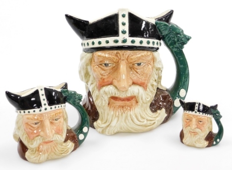 Three Royal Doulton character jugs of Viking, in three sizes D526, D6502, and D6496, 6.4cm, 10.2cm and 18cm high respectively.