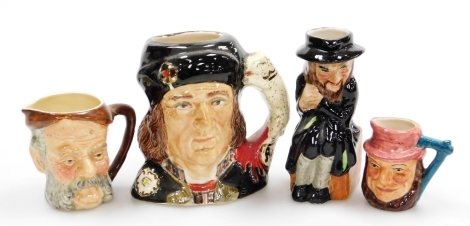 Four various character jugs, comprising Royce Wood King Richard III, Artone Fagin, Sandland ware Sir John Falstaff, and another.