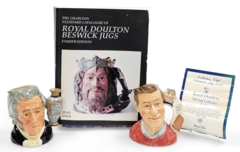 Two Royal Doulton character jugs, comprising Sir Henry Doulton D6703, and The Jug Collector D7147, 11cm and 11.5cm respectively, and the Charlton standard Catalogue of Royal Doulton Beswick jugs, fourth edition. (3)