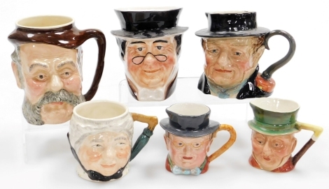 A group of six character jugs, including Beswick Mr Pickwick, Captain Cuttle, Sandland ware Sir John Falstaff, Leonardo Mr Pickwick, etc., various sizes.