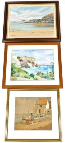 Olivia Mason (early 20thC British School). Butt and Oyster Inn, Pin Mill, watercolour on paper, signed 26.5cm x 31cm, and two further pictures, David Dyer, coastal scene, oil on canvas, signed, 34.5cm x 445cm, and Caroline Wood, figures on bench before co