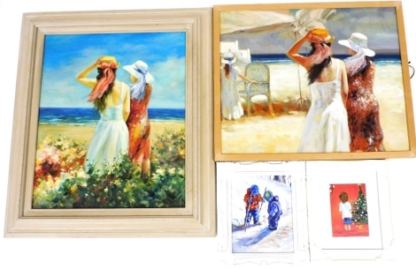 A group of pictures, to include figures in beach scene, oil on canvas, 50cm x 60cm, another similar, M. Wilson, children playing in snow, oil on board, signed, 24.5cm x 19.5cm, etc. (a quantity)