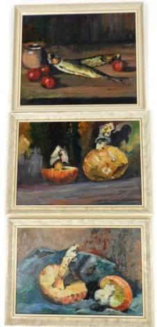 M Bosch (20thC School). Still life with fish, tomatoes, and stoneware jar, oil on board, signed, 44cm x 53cm, and two further works by the artist, fungi still lives, oil on board, 35cm x 51.1cm, and oil on canvas, 37cm x 53cm. (3)