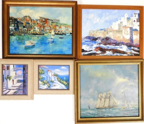 A group of pictures, to include J.H.H, three masted ship, yacht, etc., on calm waters, oil on canvas, signed, 44cm x 49cm, a pair of oil on boards depicting Greek village scenes, 20cm x 25cm, etc. (5)