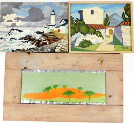 Aris (20thC School). Coastal scene with lighthouse and buildings, acrylic on canvas, signed, 40cm x 56cm, another work by the same artist, and Eill Kokamg, small garden, acrylic on canvas, signed and dated 2000, 27cm x 67cm. (3)