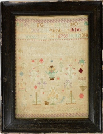 A late 19thC alphabetic sampler, by Louisa Dodsworth, aged 10 years, 35cm x 24.5cm.