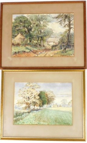 John Henry Hill (1839-1922). Trees before a farmhouse, watercolour, signed, 25cm x 34cm and a Devon farmstead, label to the back. (2)