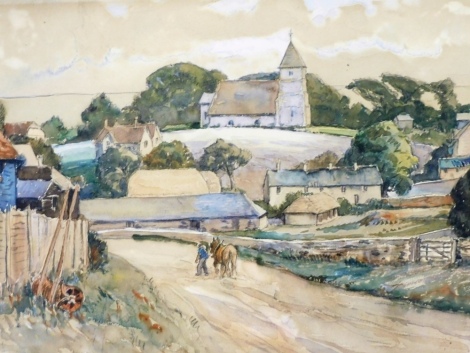 Henry Samuel Merritt (1884-1963). Country lane with farmer and horse, watercolour, signed, 26cm x 36cm.