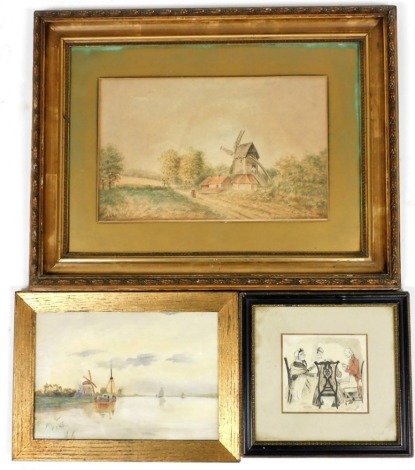 G.M.B. (early 20thC School). Figure before windmill and buildings in rural landscape, watercolour on board, signed and dated 1908, 26cm x 41cm (AF), windmill and boat in lake scene, oil on board, unsigned, 22cm x 32cm, and interior print, 13cm x 14cm. (3)