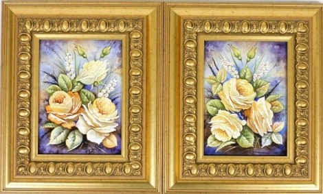 P Gosling. A pair of porcelain plaques painted with flowers, signed, 19cm x 13cm, in gilt frames.