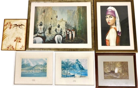 A group of pictures, to include Effiles, woodland scene, watercolour on paper, signed and indistinctly dated, 19cm x 27cm, a pair of West Indies prints, 21cm x 30cm each, portrait of a lady, after Miller Dewing, Crusaders, print, etc.