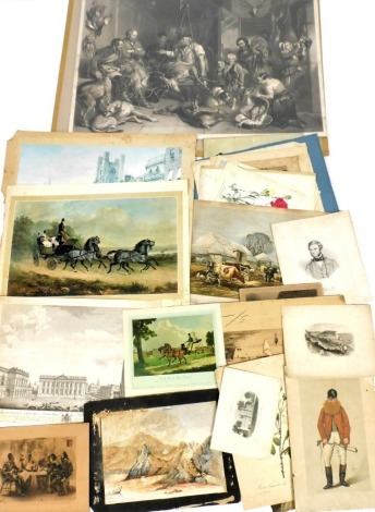 A group of 19thC and later prints, engravings, etc., to include Vanity Fair print, Downing, 31.5cm x 19cm, R.A.E. mountain landscape, watercolour on paper, signed and dated 1891, 26cm x 36cm, after P.S. Lamborn, view of the public library at the senate ho