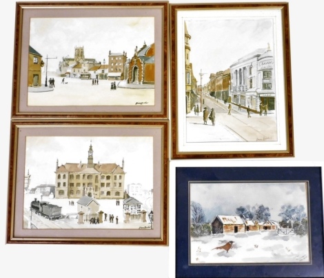 Diane Brookes (20thC British School). Street scene with figures, watercolour on paper, signed, 25cm x 34.5cm, two further works by the same hand, and Mary Walsham, pheasant before barn in winter landscape, watercolour on paper, signed and dated November 2