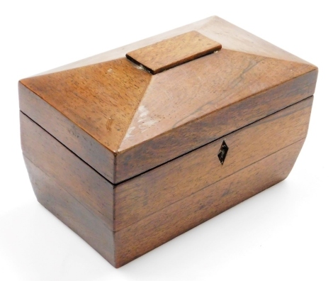 A 19thC rosewood sarcophagus shaped tea caddy, lacking interior and feet, 23cm wide.