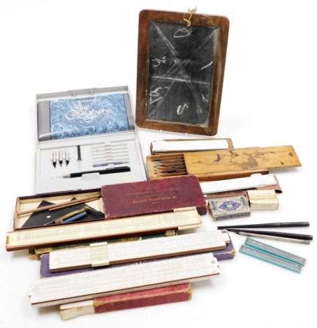 Drawing related items, to include a slate, slide rule, a Clive's mathematical instruments, box, etc (a quantity).