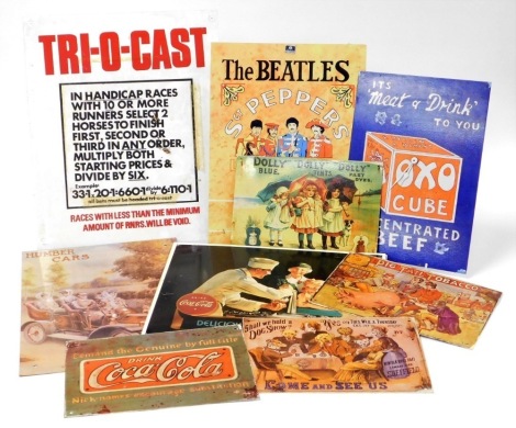 A group of reproduction metal advertising signs, to include The Beatles, (9).