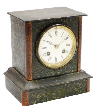 A late 19thC French mantel time piece. white circular enamel dial bearing Roman numerals, eight day movement with bell strike, the case of faux marble, architectural form, 19cm high.